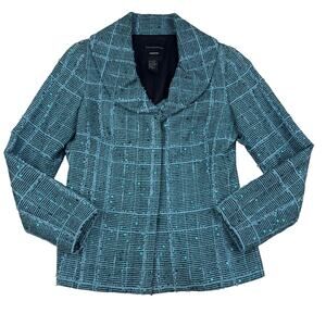 Doncaster Turquoise Textured Tweed Sequin Sparkle Blazer Jacket Women's Size 2